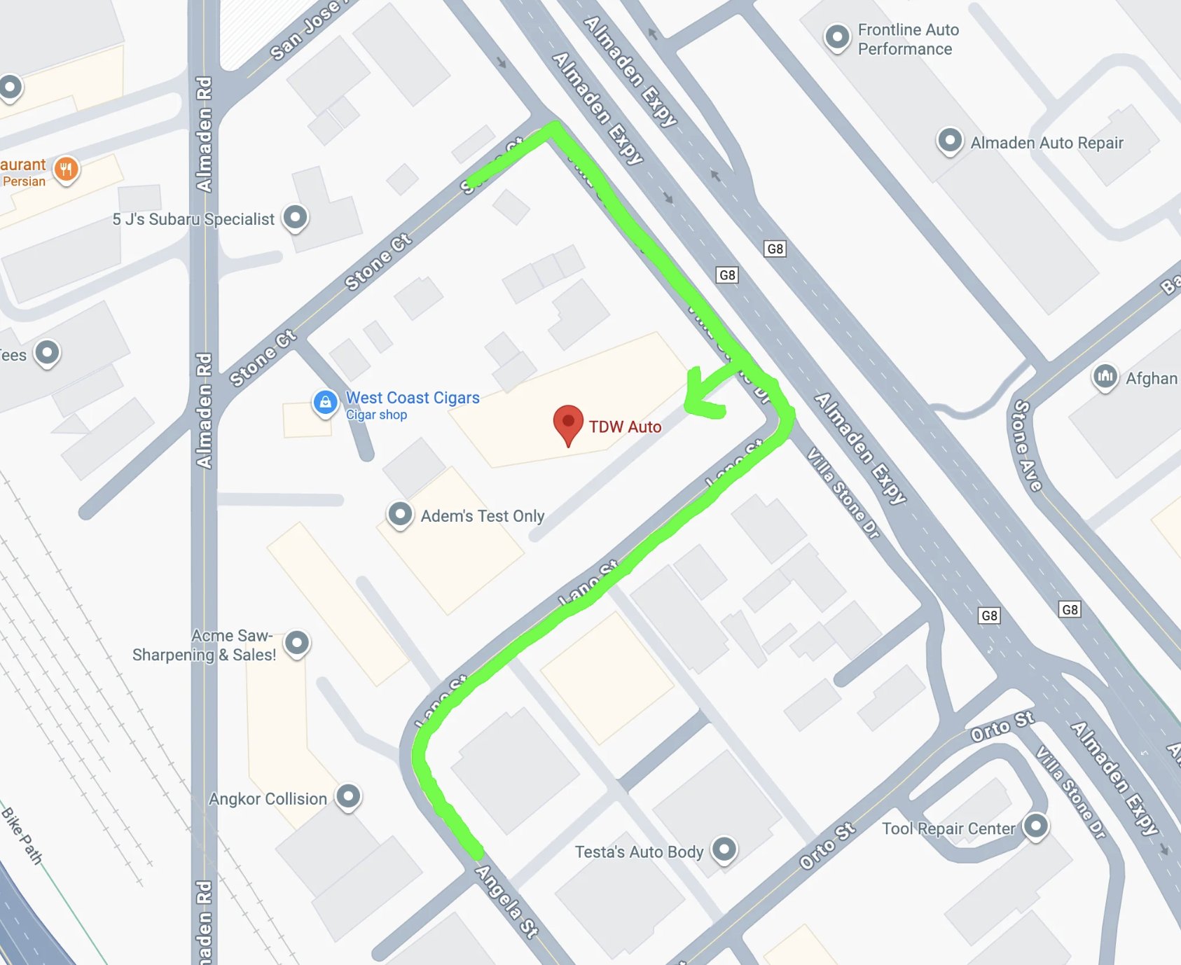 Map showing the route to TDW Auto: turn off Almaden Expressway onto Villa Stone Drive, or come up Lane Street from Angela Street, and drive into the lot